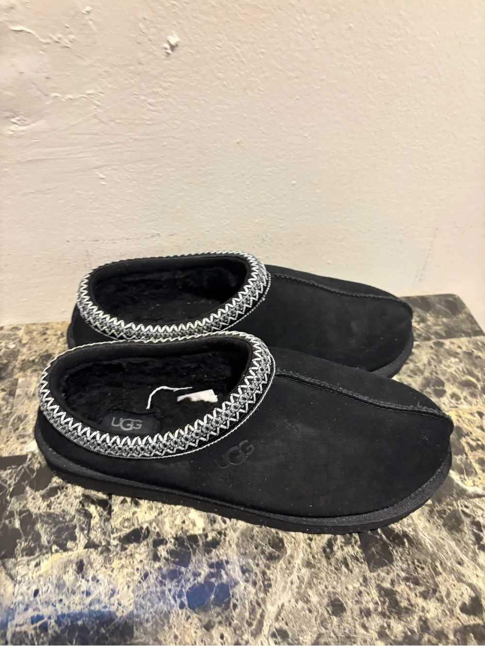 UGG Men’s Black Suede Slip-On Mules with Contrast Trim